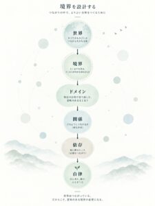 図3：境界を設計する階層モデル。世界・境界・ドメイン・関係・依存を経て自律に至る流れを縦に示した図